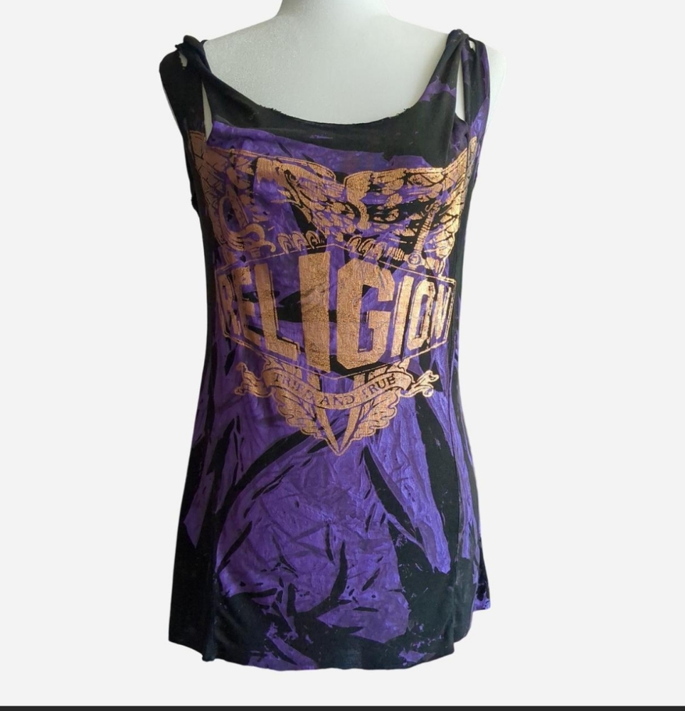 💜 Authentic Y2K RELIGION Deconstructed Graphic Top Size M